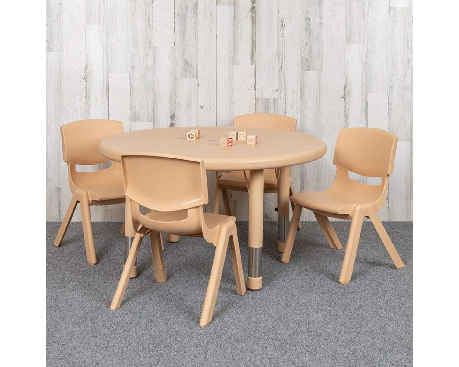 Flash Furniture Emmy 33" Round Natural Plastic Height Adjustable Activity Table Set With 4 Chairs